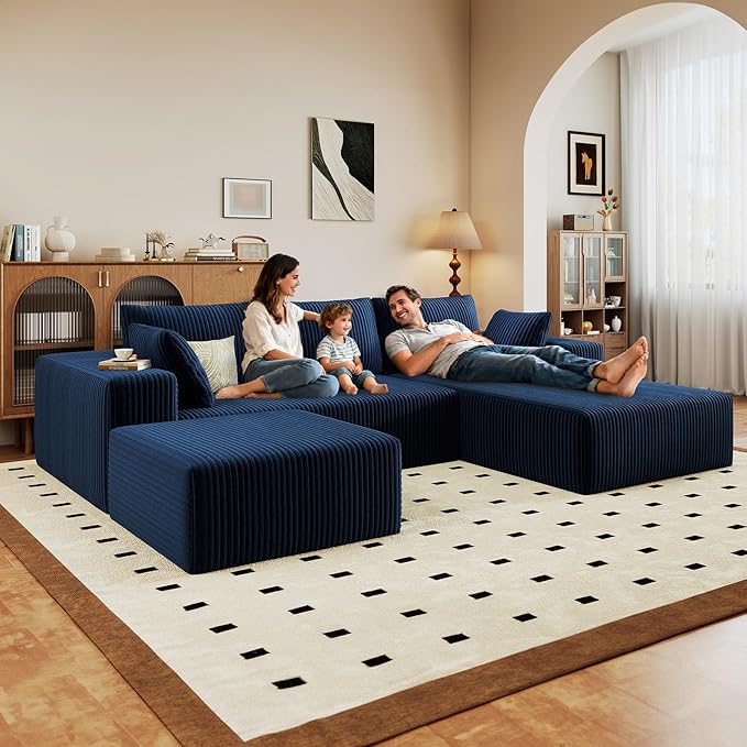 96" U-Shape Cloud Couch, Modern Modular Sectional L-Shape Sofa with Ottoman, Corduroy Upholstered Couches Deep Seat Sleeper Chaise Longue for Living Room, No Assembly Required(Blue, Right Facing)