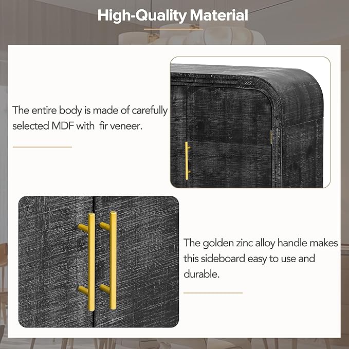 GDFStudio 47.2" Retro Curved Sideboard Storage Cabinet with Adjustable Shelves & Gold Handles, MDF Buffet Table Coffee Bars Cupboard for Living Room Dining Room Kitchen Entryway, Antique Black-2