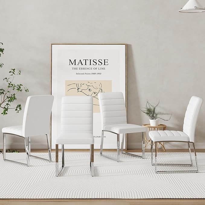 Modern Dining Chairs Set of 4, White Faux Leather Kitchen Chairs, Upholstered Armless Dining Room Chair with Gold Mental Legs Heavy Duty, Comfortable (White Chairs, Set of 4)