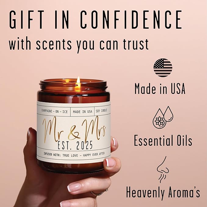Wedding Gifts for Couples 2025, Bridal Shower Gifts from Bride - 'Mr & Mrs Est. 2025 Candle, w/Champagne on Ice I Wedding Shower for Newlyweds I 50Hr Burn, USA Made