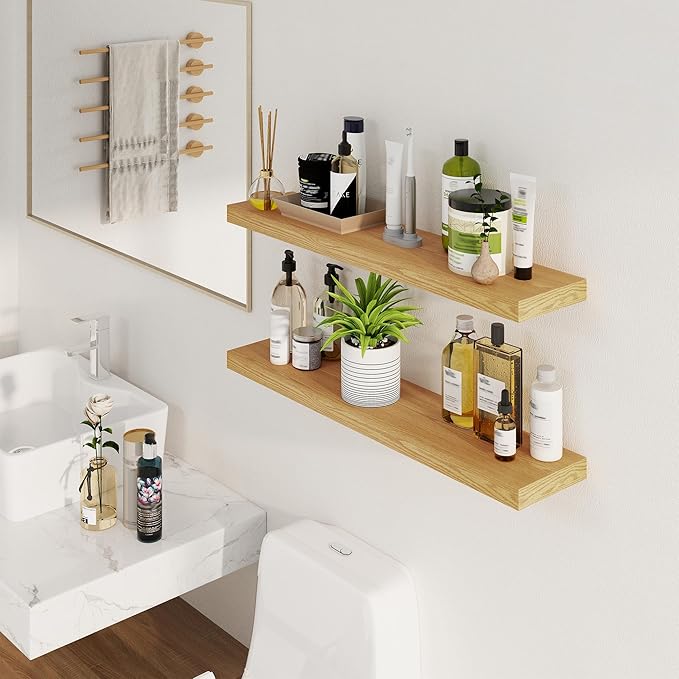 Fun Memories Floating Shelves for Wall, 36Inch Floating Shelves Set of 2, Hanging Shelf with Invisible Brackets, Bathroom Shelves for Living Room, Bedroom, Kitchen- Oak