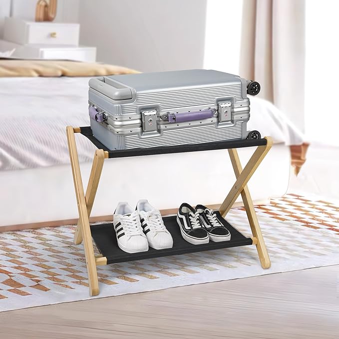 VASMIA Luggage Rack, Folding Suitcase Stand with Storage Shelf,Bamboo Luggage Stand for Guest Room,Bedroon and Hotel,Holds up to 131 lb,Fit Most Luggage Size,Natural