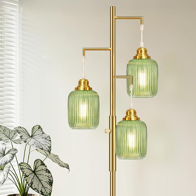 Rottogoon Dimmable Gold Floor Lamp for Living Room- 3 Light Green Glass Floor Lamps, Vintage Brass Tree Floor Lamps with 3X 6W LED Bulbs, Modern Standing Tall Lamp for Bedroom, 68", Gold & Green Glass
