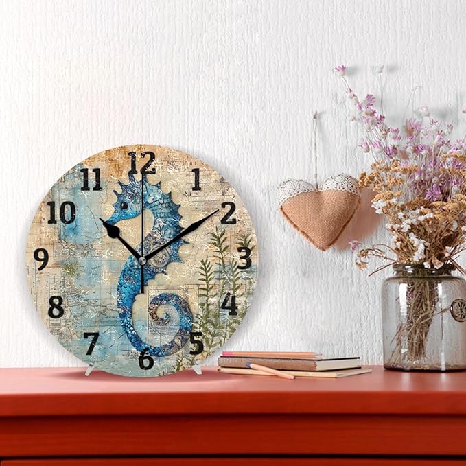 Wall Clock Ocean Map Seahorse Silent Non Ticking Wall Clock Decorative Battery Operated Wall Clocks for Home Kitchen Bedroom Living Room Office