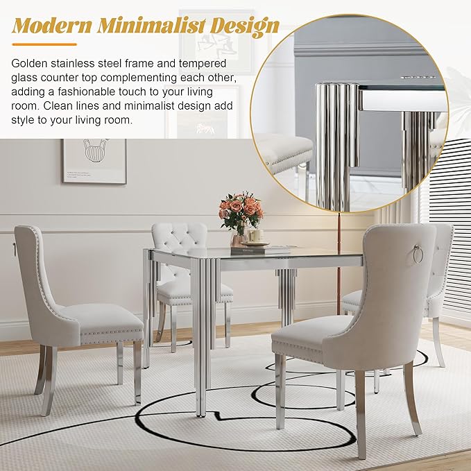 35" Square Glass Dining Table for 2-4, Modern Silver Tempered Glass Kitchen Table with Stainless Steel Legs for for Small Space, Kitchen, Living Room