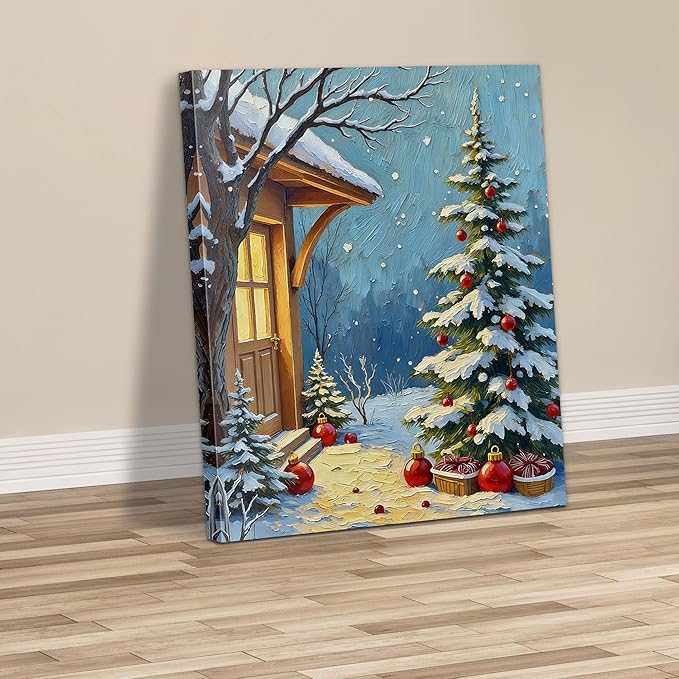 Framed Christmas Pictures Wall Decor,Vintage Pine Tree Prints,Winter Christmas Canvas Wall Art Decoration for Bedroom Bathroom Living Room Rustic Xmas Holiday Gifts (Christmas Tree 21, 16'' X 24'')