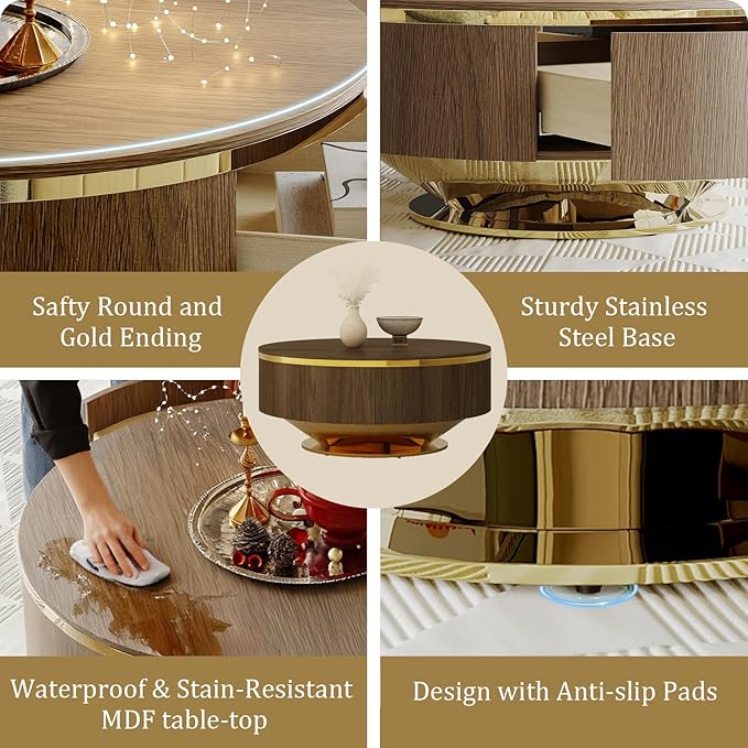 31.5 Inch Coffee Table with 2 Storage Drawers, Vintage Walnut Nesting Coffee Table Set of 2, Mid-Century Round Tea Center Table with Gold Chrome Base for Living Room Apartment