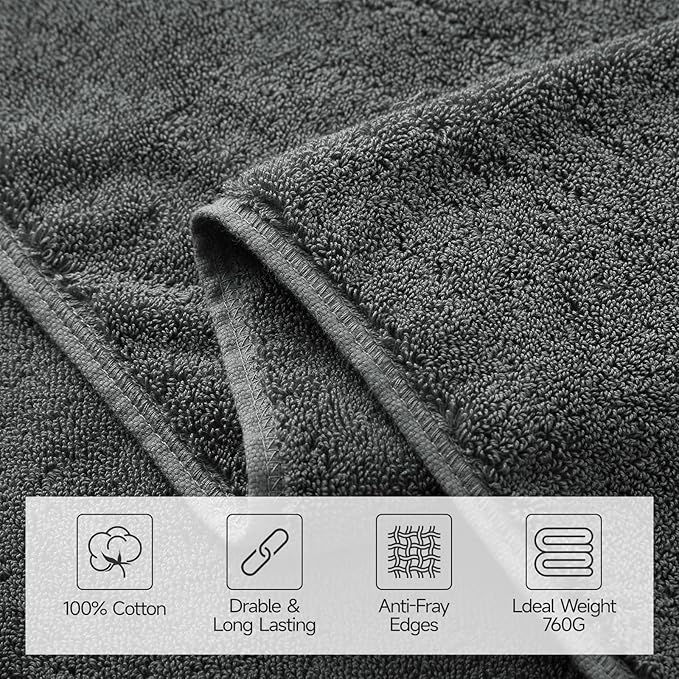 REDKISS 2 Pack Large Bath Towels Set, 100% Cotton, 31x63 in, Heavyweight 760G, Highly Absorbent & Quick Dry, Super Soft Luxury Towels for Bathroom,Hotel Collection - Deep Gray