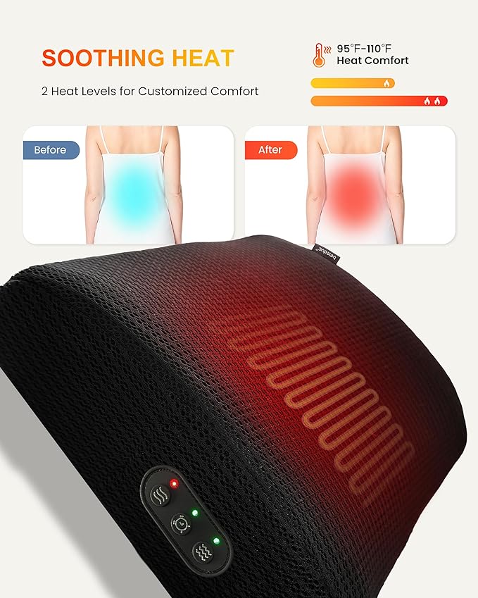 Beleduc Lumbar Support Pillow for Office Chair - Heated Back Support Pillow with Vibration Massage, Ergonomic Back Massager for Chair, Adjustable Vibration, 2 Heat Levels, Gifts