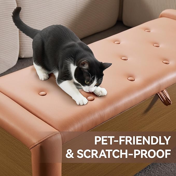 48" Large Storage Ottoman Bench, Faux Leather Upholstered Bed Bench with Button Tufted, End of Bed Ottoman with Safety Hinge for Bedroom, Living Room, Window，or Entryway, Orange Shoe Storage Chest