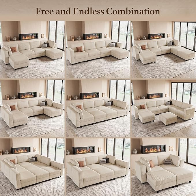 114.2" Modular Sectional Sofa with Deep Storage Seat,U Shaped Sectional Sofa Couch Convertible 6 Seater Corduroy Couch with Movable Ottoman,Upholstered Sectional Couches for Living Room,Beige