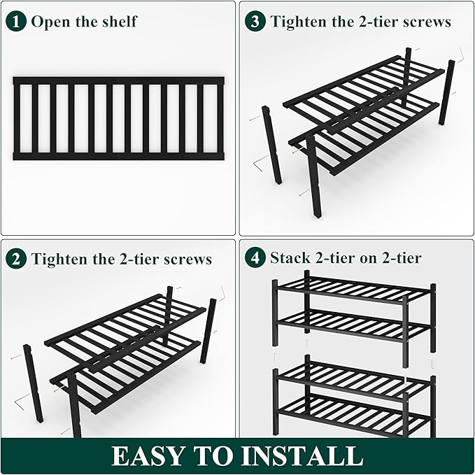 Smiry Shoe Rack, 4 Tier Bamboo Shoe Organizer, Stackable Free Standing Wooden Shoe Storage Shelf for Closet, Entryway, Front Door Entrance, Black