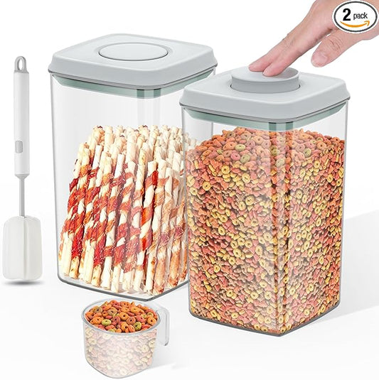 Airtight Dog Cat Food Storage Container and Dog Treat Containers BPA-Free, PET Clear Stackable Pet Storage Bin, 1 Cup Scoop, 1 Sponge cleaning brush, Pop Top, With handle-4.2Qt 2Pack