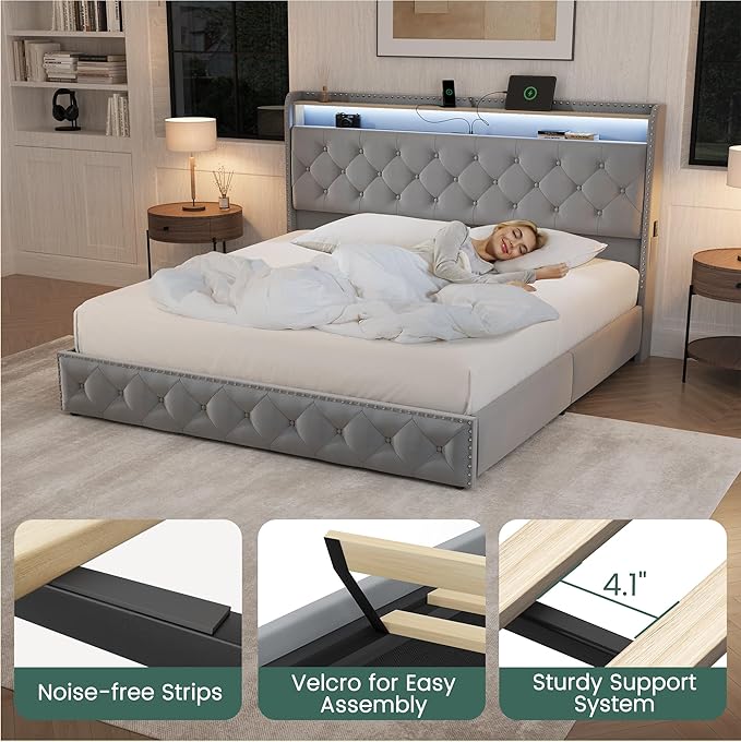 LARMACE King Size Bed Frame Velvet Upholstered LED Tufted King Platform Bed and Headboard with 4 Storage Drawers&USB Type-C Charging Station,No Box Spring Need/Noise Free,Easy Assembly,Bluish Grey