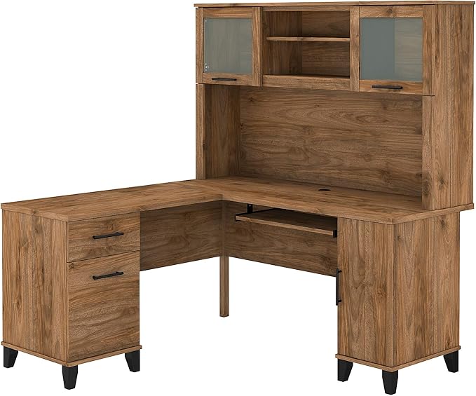 Bush Furniture Somerset 60W L Shaped Desk with Hutch in Fresh Walnut