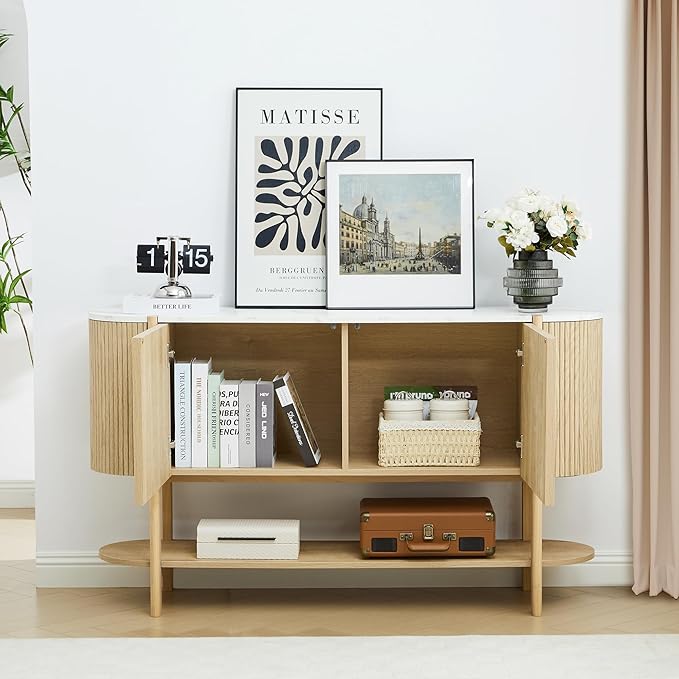 Console Table with Storage, Fluted Entryway Table with 2 Doors and Open Shelf, Long Sofa Table Behind Couch for Living Room, Hallway (Natural)