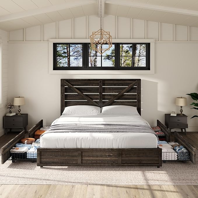 AMERLIFE King Size Farmhouse Bed Frame with 4 Drawers, Wooden Storage Bed Frame with Headboard and Heavy Duty Metal Slats, Noisy Free, Easy Assemble, Rustic Black