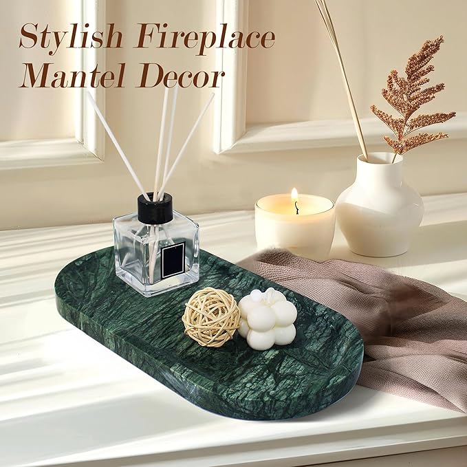 100% Real Natural Marble Tray for Bathroom, Luxury Indian Green Stone Vanity Tray, Decorative Oval Trays for Countertop Storage Organizer, Dresser, Kitchen, Home Decor, 11.8" x 6", Green