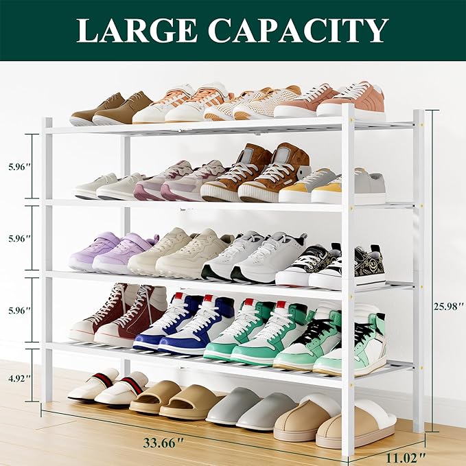 Smiry Shoe Rack, 4 Tier Long Bamboo Shoe Organizer, Stackable Free Standing Wooden Shoe Storage Shelf for Closet, Entryway, Front Door Entrance, White