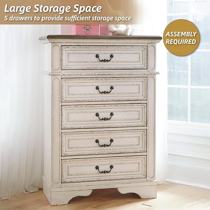 Signature Design by Ashley Realyn Vintage 5 Drawer Chest, White
