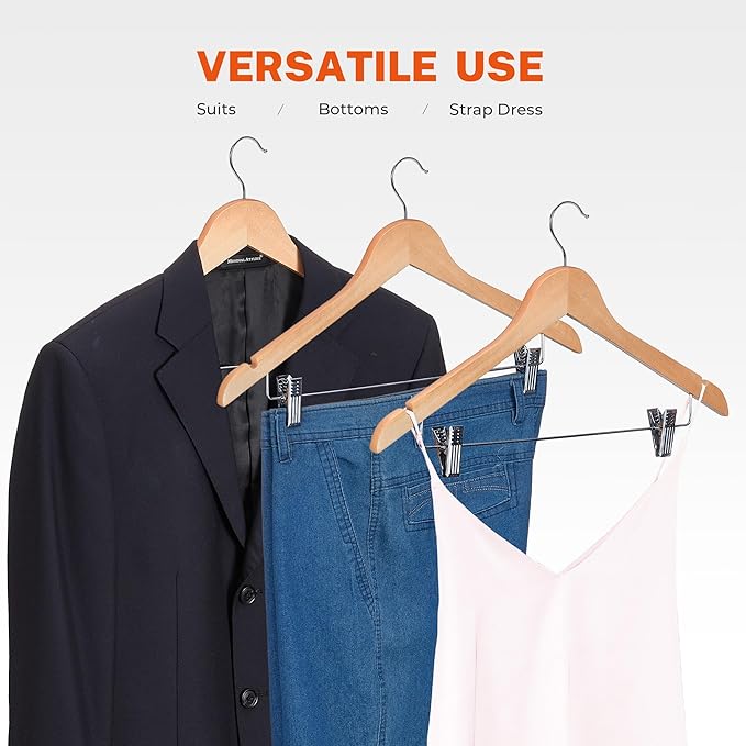 HOUSE DAY 24 Pack High-Grade Wooden Suit Hangers Skirt Hangers with Clips Solid Wood Pants Hanger Natural Smooth Finish Premium Wood Hanger with Durable Metal Clips for Blouse, Dress, Coat, Jacket