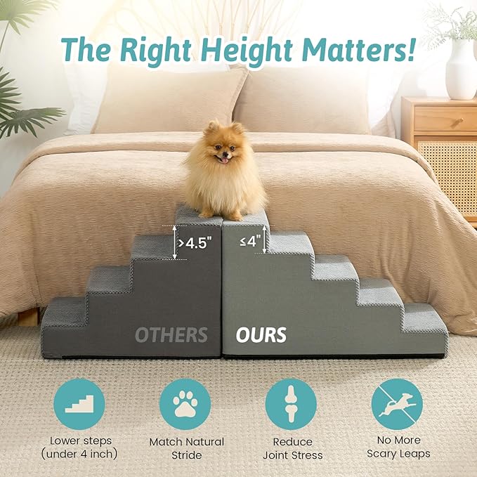 Slope Dog Stairs 17.7" H, Pet Steps for Couch Bed with Washable Cover, Non-Slip Foam Dog Ramp for Small Old Puppy Cats, 5 Step, Grey