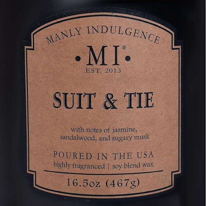 Manly Indulgence Suit & Tie Scented Candles for Men, 2 Wick, 16.5 oz, Premium Soy Blend Wax, 60H Burn, Candles for Home Scented - Made in The USA