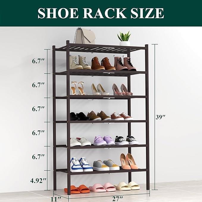 Smiry Shoe Rack, 6 Tier Thick Bamboo Shoe Organizer, Stackable Free Standing Wooden Shoe Storage Shelf for Closet, Entryway, Front Door Entrance, Brown