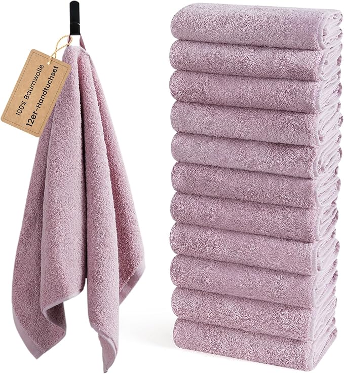 SEMAXE 12 Pack Hand Towels for Bathroom, 100% Cotton Towels with Hanging Loops, Soft and Highly Absorbent, Hand Towel Set for Gym, Shower, Hotel, Spa and Kitchen, Purple