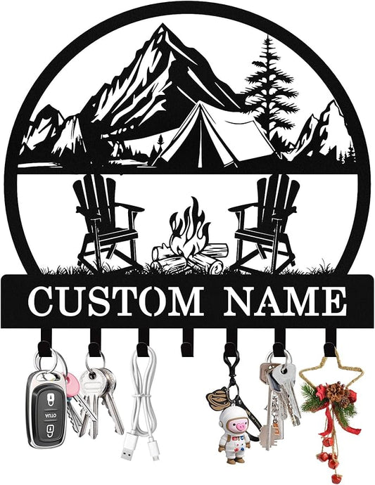 Personalized Camping Key Holder Wall Mount, Custom Metal Key Holder for Wall with Name, Custom Keys Rack Hanger with Hooks for Entryway, Front Door, Hallway, Living Room, Kitchen