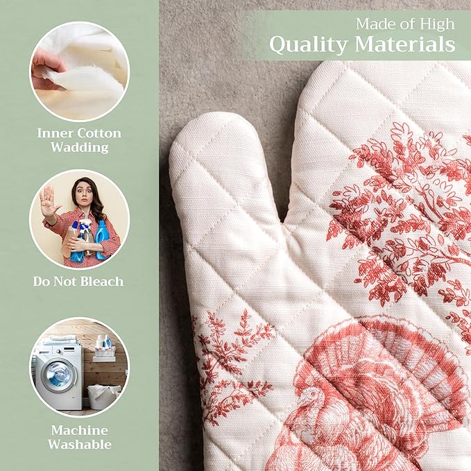 Maison d' Hermine Oven Gloves 100% Cotton Oven Mitt 7" x 13" with Loop Heat Resistant BBQ Cooking Gloves for Thanksgiving Christmas Decorations Baking Handling Hot Pans (Pack of 1, Holy Jouy - Red)