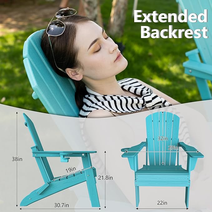 Plawdlik Folding Adirondack Chair, SGS Tested, Wooden Textured with Cup Holder, Heavy All-Weather HDPE Comfortable Set Poolside Backyard Lawn Aruba Blue Set 4