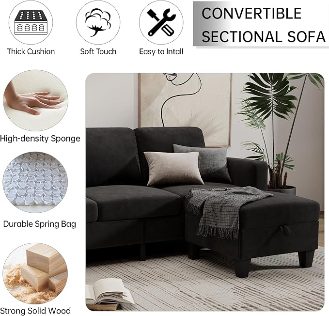 Sectional and Sofa Couches for Living Room, 3-Seater L-Shaped Sofa with Storage Ottoman, Pet-Friendly Washable Velvet Linen Fabric, Convertible Couches for Small Apartments, Bedroom (Black)