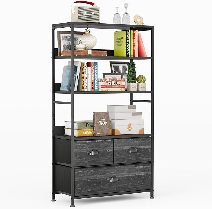 6 Tier Bookshelf, 47-Inch Small Bookcase with 3 Fabric Storage Drawers, Wood and Metal Book Shelf Storage Organizer, Industrial Display Standing Shelf Unit for Bedroom, Living Room, Black