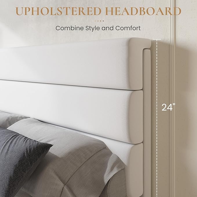 SHA CERLIN King Size Platform Bed Frame with 4 Storage Drawers, Velvet Upholstered Headboard, Mattress Foundation with Wooden Slats Support, No Box Spring Needed, Easy Assembly, White