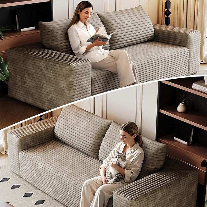 Cloud Loveseat Sofa, Modern Corduroy 2-Seater Couch with Deep Seat, No Assembly Required Memory Foam Sofa, Boneless Sofa in a Box for Bedroom, Apartment, Office,Small Space (Camel,63in)