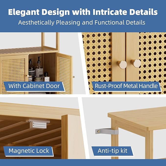 HITNET Rattan Bathroom Storage Cabinet, Bamboo Floor Cupboard with 2 Doors, Freestanding Side Organizer for Living Room, Kitchen, Entryway, Natural