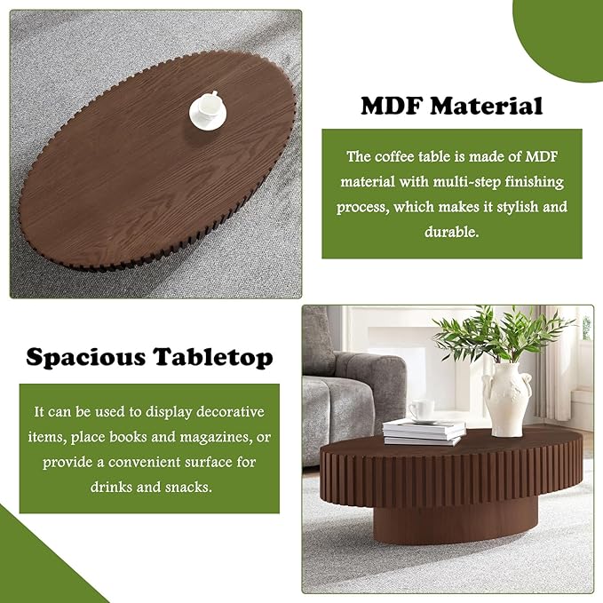 Oval Coffee Tables for Living Room 43.3" Olive-Shaped Fluted Coffee Table with Sturdy Pedestal Modern Wood Drum Coffee Table Contemporary Center Table for Farmhouse Apartment (Oval Walnut)