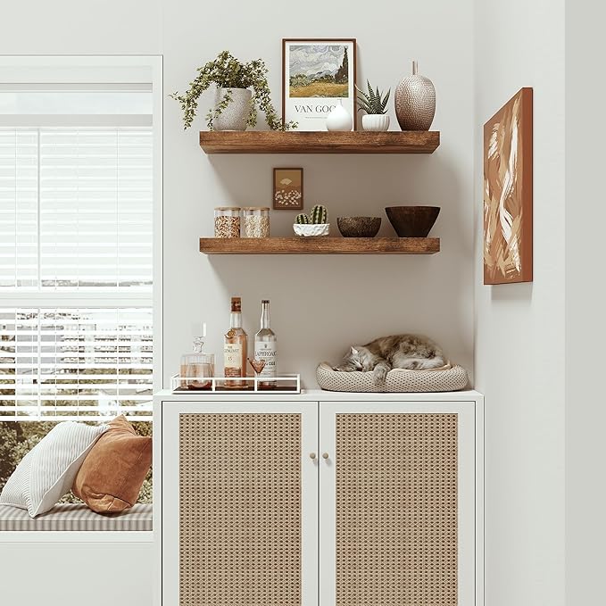 Vivelove 24 inchs Bathroom Floating Shelves for Wall, 9.1” Deep x 1.6” Thick Wall Shelves for Bedroom, Living Room, Kitchen, Office, Rustic Farmhouse Shelf Decor with Invisible Bracket, Set of 2