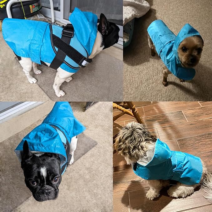 Dog Raincoat Small Dog Rain Jacket Poncho Waterproof Pet Rain Suit Double Layer Breathable Lining Hooded Leash Hole Adjustable Puppy Small Medium Dogs,Blue,S