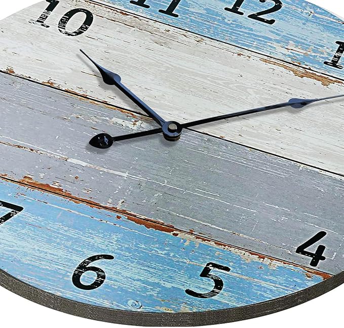 Large Wall Clock for Living Room Decor，24 Inch Blue Round Wood Clock for Bedroom,Coastal Vintage Rustic Clock for Farmhouse Kitchen