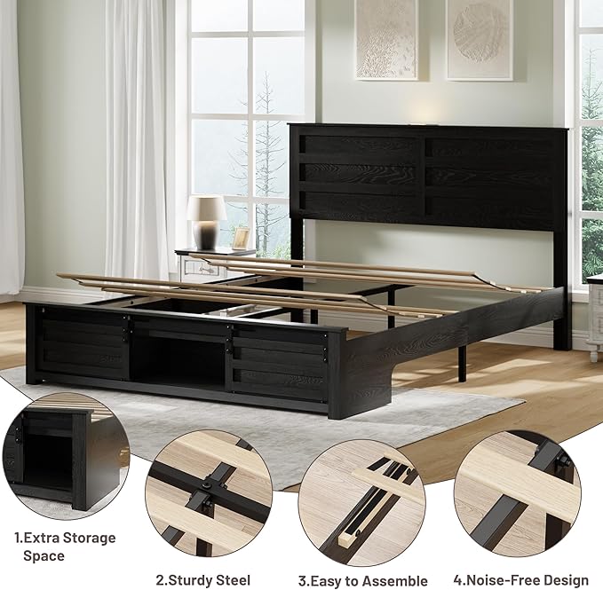 Queen Size Bed Frame with Wood Headboard, Wooden Platform Bedframe with Sliding Barn Door Footboard and Charging Station Easy Assembly, No Box Spring Needed (Black, Queen)