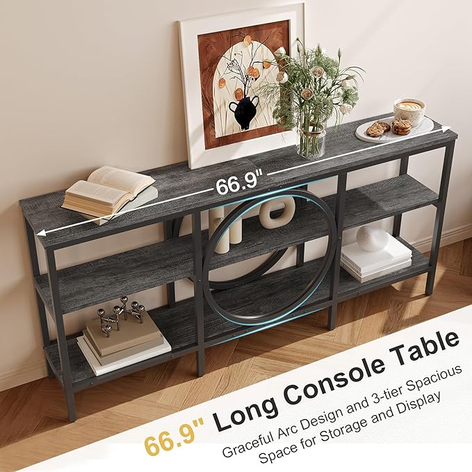 Long Console Table, 66.9 inch Wood Narrow Sofa Tables 3 Tier Couch Table Behind Sofa Industrial Grey Hallway Table Long Entryway Tables for Living Room, Foyer (Grey Oak+Black)
