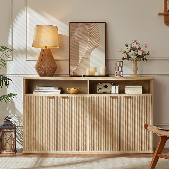 LEYAOYAO Fluted Buffet Cabinet with Storage, 55" Wide Wood Sideboard Credenza with 4 Doors & Open Storage Shelf, Kitchen Entryway Accent Table, Modern Console Cabinets for Dining Room, Natural Oak