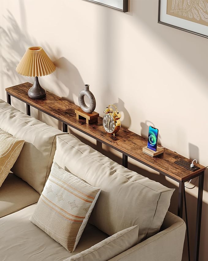 62.99" Narrow Console Table with Power Outlet 7.1" Skinny Sofa Long Behind Couch Table with Charging Station for Hallway, Living Room Rustic Brown and Black TXG16UBF