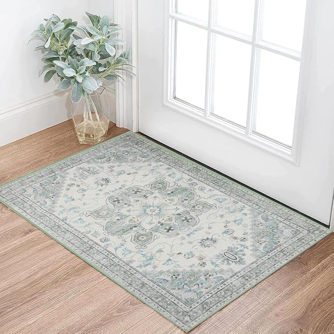 3x5 Soft Washable Area Rugs for Living Room and Bedroom, Non-Slip Stain Resistant Indoor Carpet, Cozy Floor Mat for Dining Room, Office,Stain Resistant Entryway Green Floral