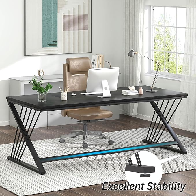 FOLUBAN 70.9" Black Computer Desk, Modern Home Office Desk, Large Gaming Workstation Executive Desk with Z-Shaped Legs, 2 Person Large Study Writing Table for Bedroom