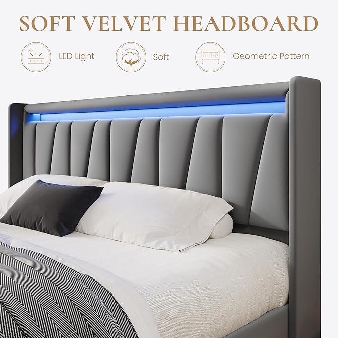 SHA CERLIN King Size Bed Frame with Charging Station and LED Lights, Modern Velvet Platform Bed with Upholstered Geometric Wingback Headboard, No Box Spring Needed, Easy Assembly, Grey