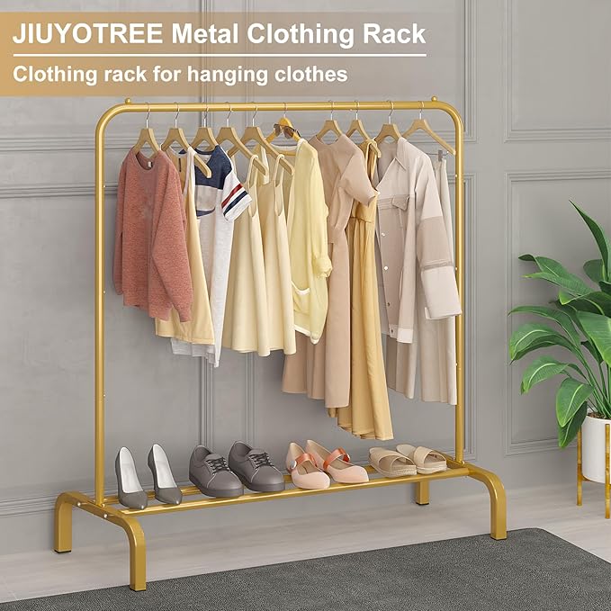 JIUYOTREE Metal 43.3 Inches Garment Rack with Bottom Shelf Clothing Rack for Hanging Clothes Coats Skirts Shirts Sweaters Gold