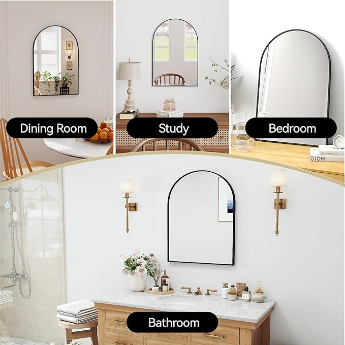 30x20 Arch Mirror Rectangle Wall Mounted Hanging or Against Wall Aluminum Alloy Metal Frame Dressing Make-up Mirrors for Entryway Bedroom Bathroom Living Room 30 20 inch Black
